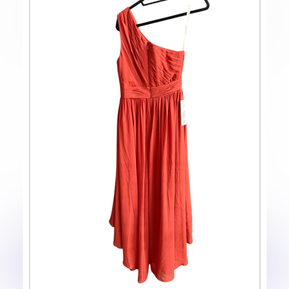 One-Shoulder Ruffled High-Low Chiffon Maxi Dress with Pockets - Rust/Terracotta - Picture 6 of 12